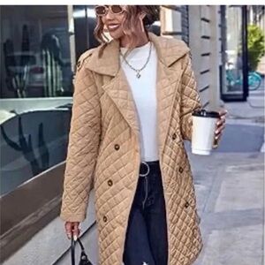 NWT $268.00 Rebecca Minkoff Women's Double Breasted Tan Quilted Long Coat Size L